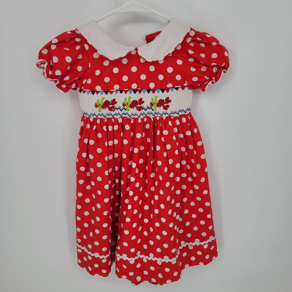 Marmellata Polka Dot Smocked Dress Kids Size 5 Nautical Lobster Red vintage
